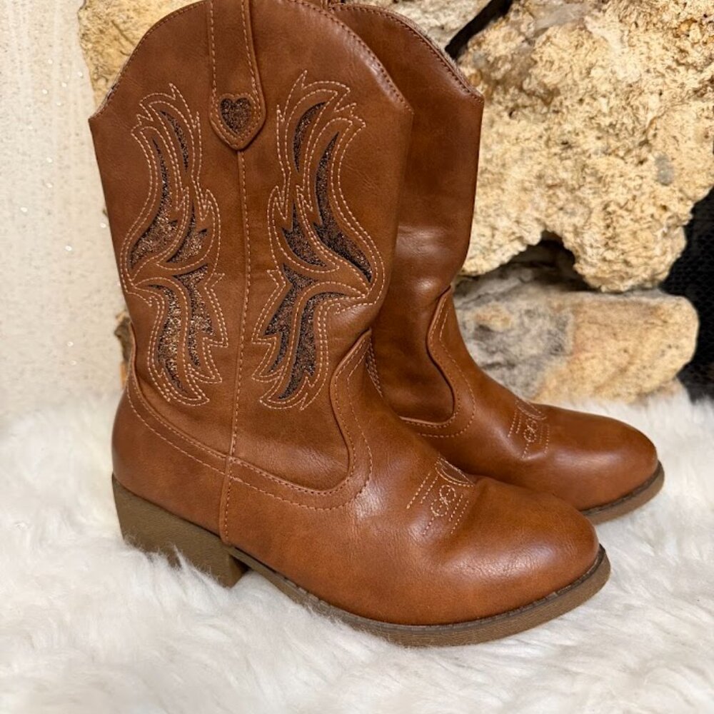 Brown Kids Cowboy Boots With Glitter Stitching Size 4 - Picture 3 of 13